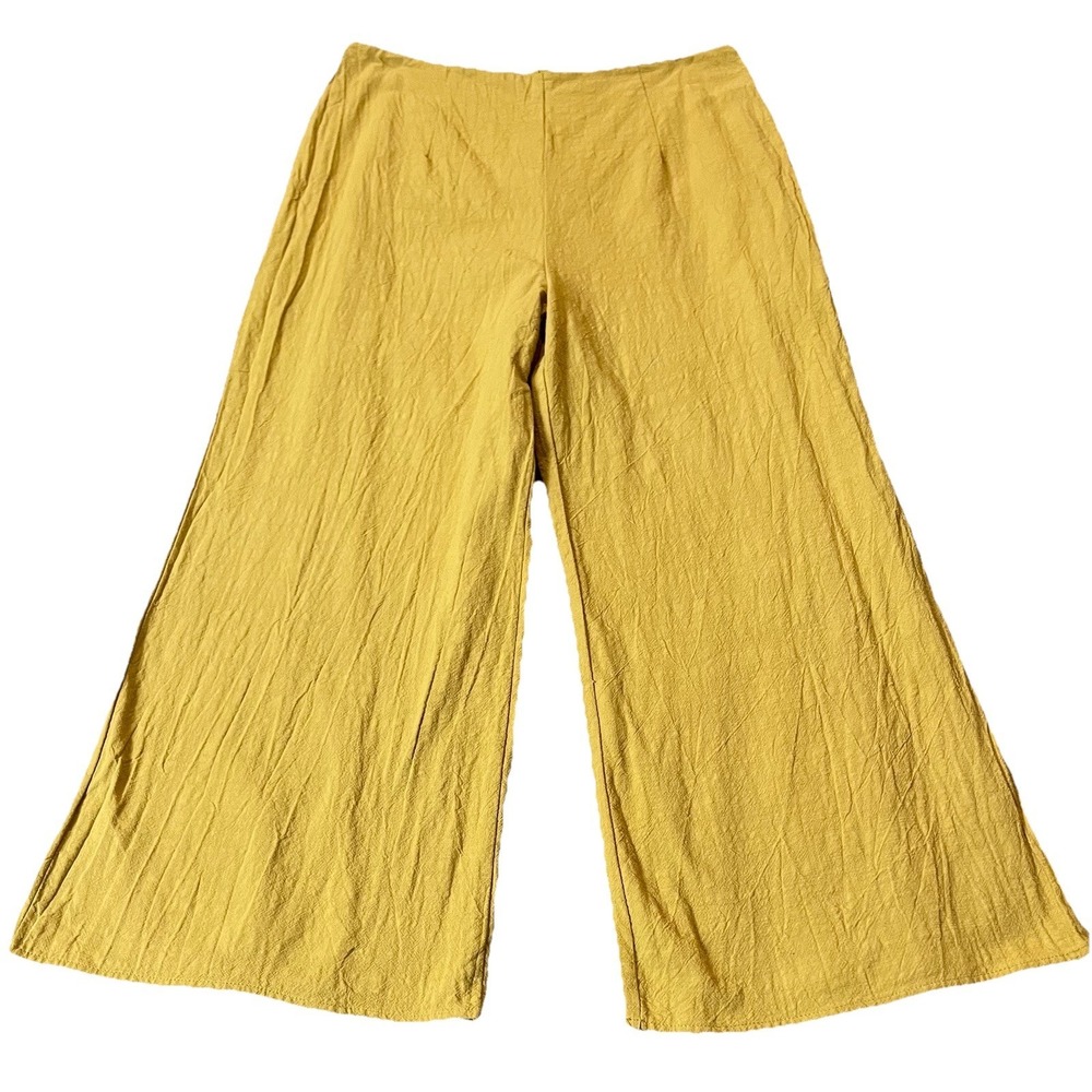 Discovery Wide Leg Cropped Pants Sz M Yellow Cotton Back Zip Boho Beach Colorful